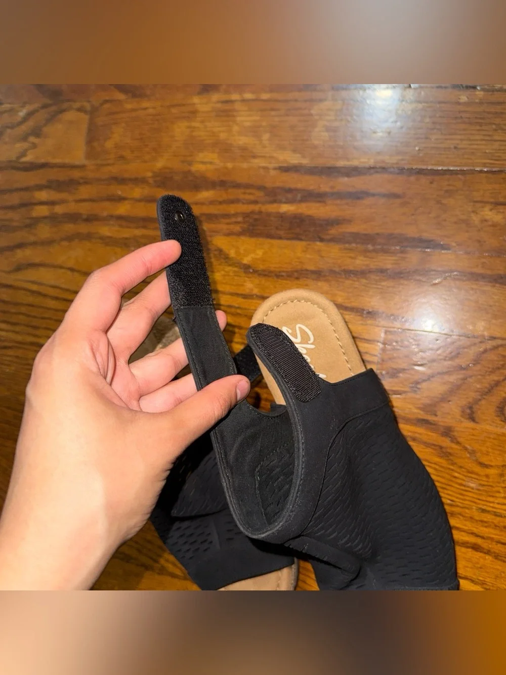 Sketchers memory form Black Perforated Peep-Toe Wedge Sandals - Women's